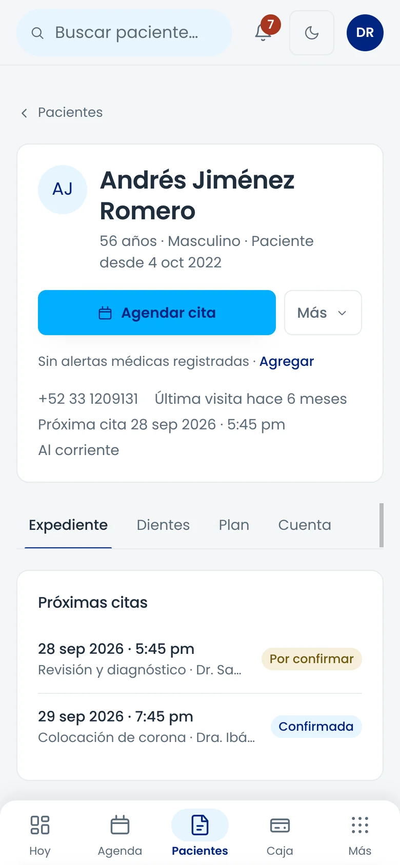 Denticita: expediente del paciente con su odontograma, próximas citas e historial