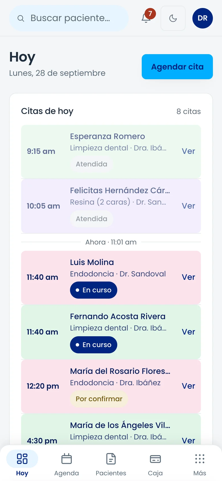Denticita: agenda del día con las citas de cada paciente