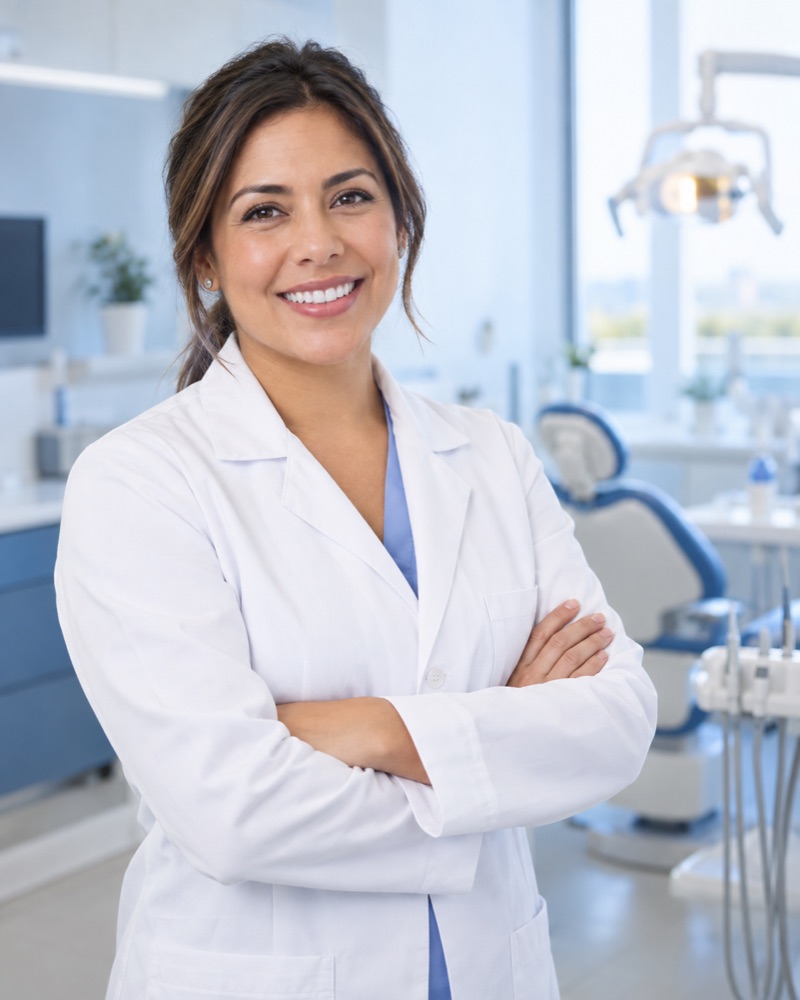 Dentista sonriendo en su consultorio